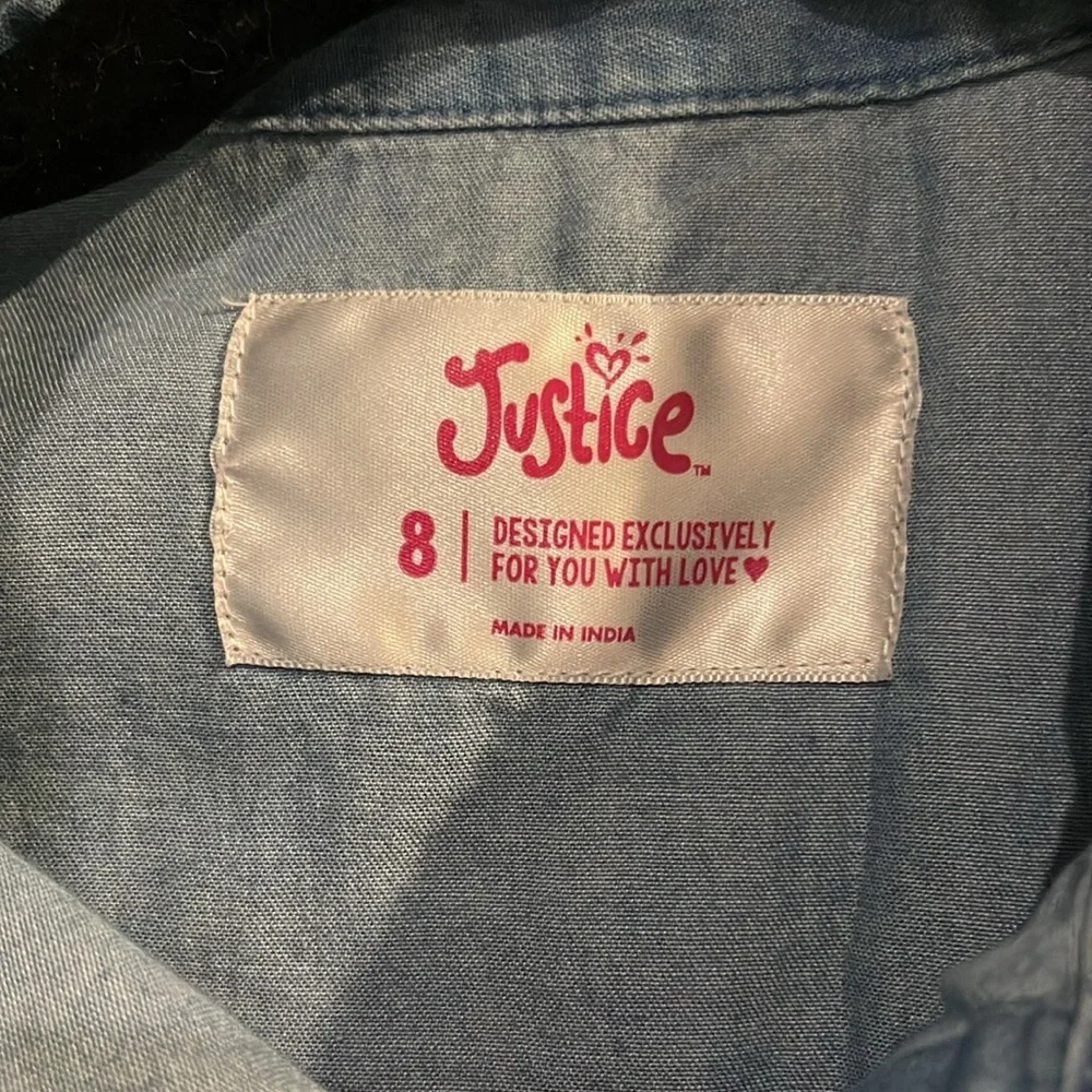 3/$20 Justice Girls Denim Blouse Size 8 - Button-Up Knot Front Shirt - Picture 4 of 10